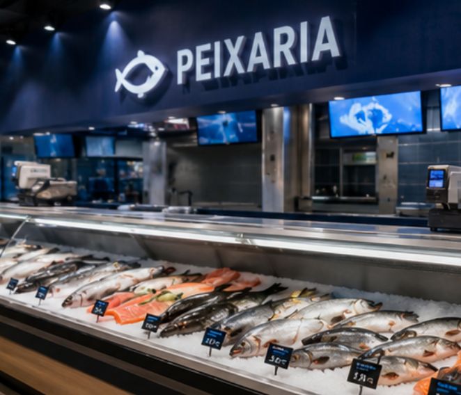 Balcão refrigerado de peixaria com pescados sobre gelo