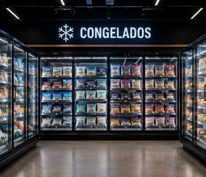 Corredor de congelados com expositores refrigerados em supermercado