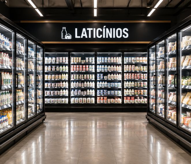 Corredor de laticínios com geladeiras de porta de vidro